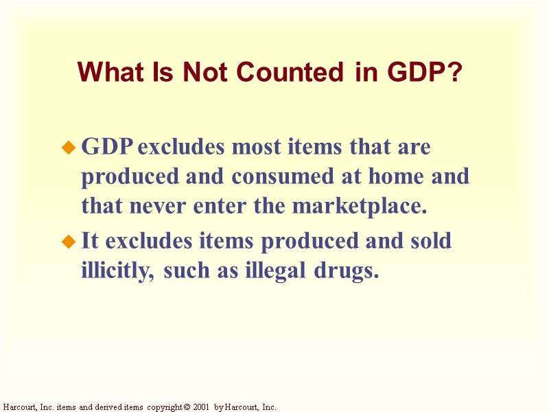What Is Not Counted in GDP? GDP excludes most items that are produced and